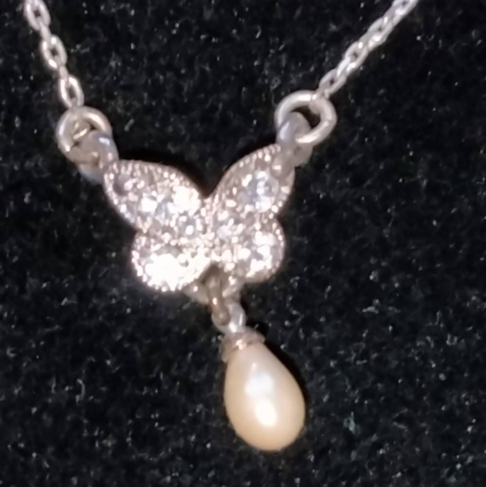 Avon Rhinestone & Faux Pearl Butterfly Necklace & Matching Earrings